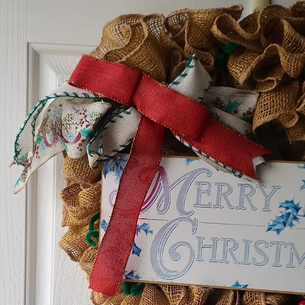 Festive Burlap Christmas Wreath with Red Bow